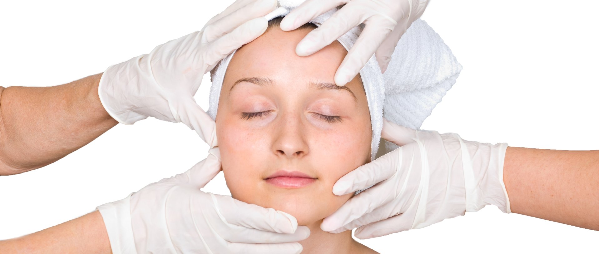 young woman with eyes closed having a medical exam of her face skin by plastic doctors