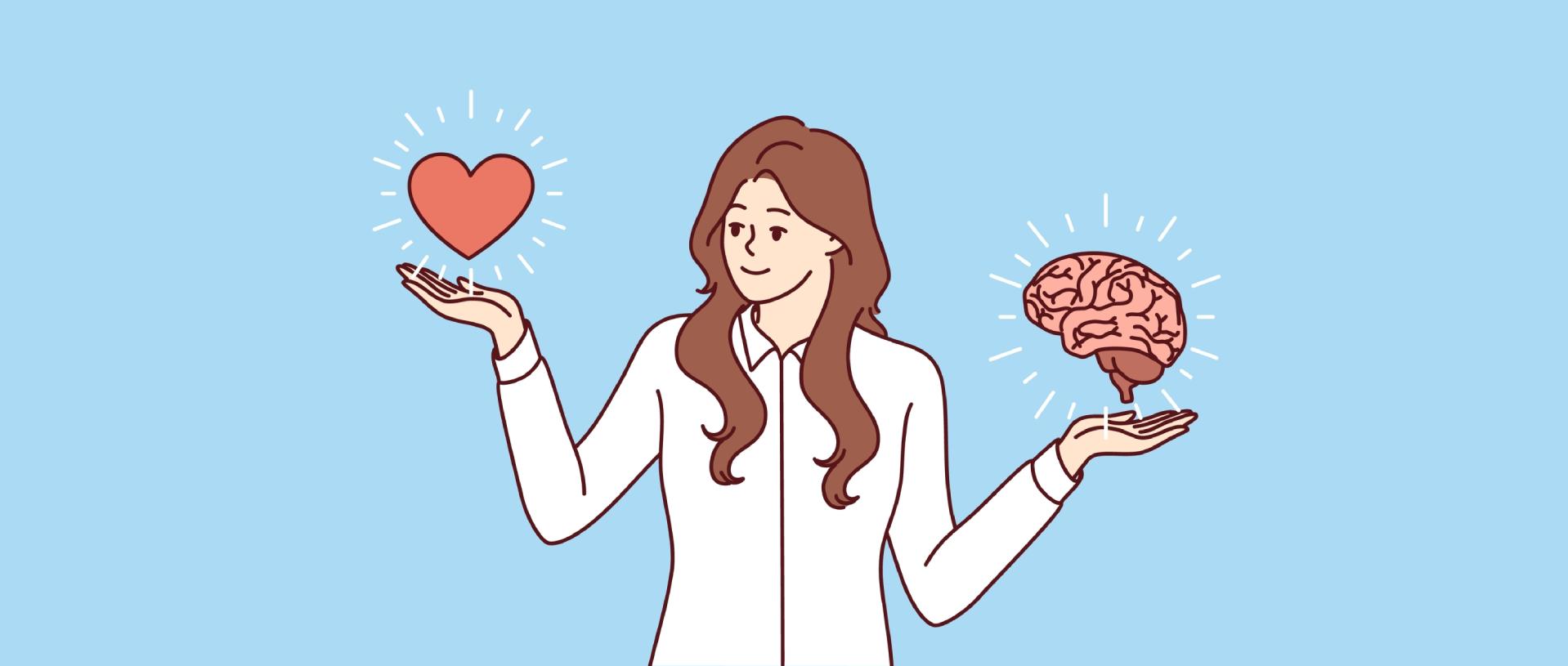 Woman balancing heart and mind, representing harmony in life.