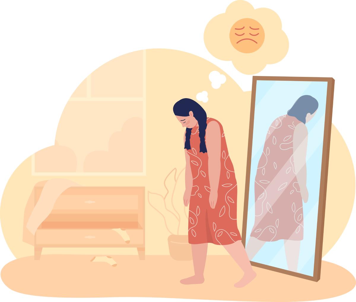 oung girl walking away from a mirror, looking sad due to disproportionate fat distribution associated with lipedema.