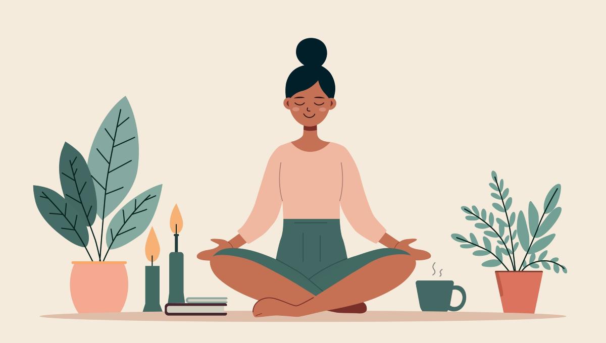 Peaceful woman practicing mindfulness meditation in lotus pose at home.