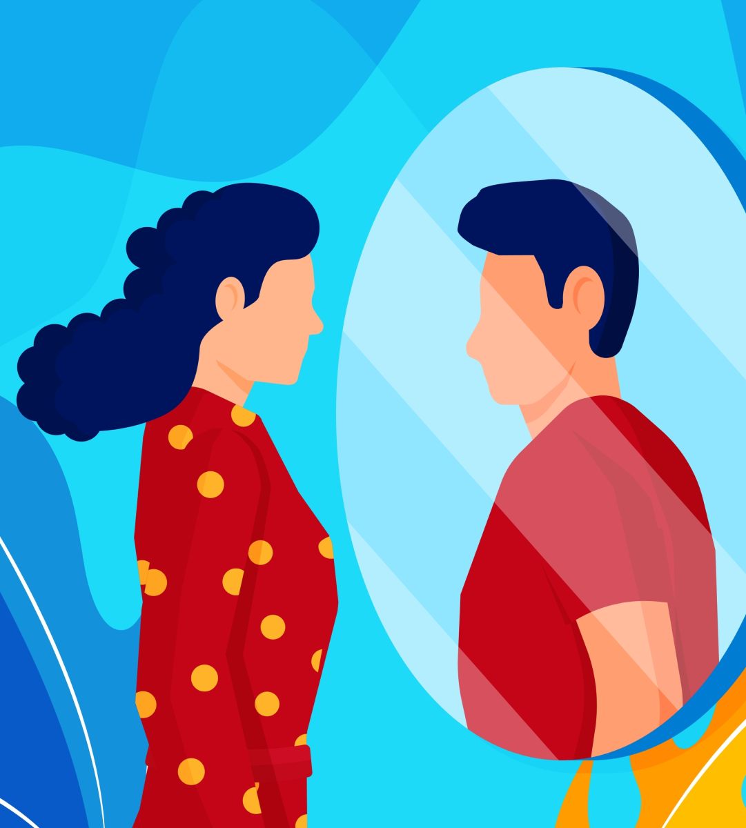 Ilustración que representa la transición de género, una persona viendo su reflejo masculino en un espejo