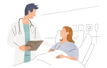 Illustration of a doctor with a clipboard talking to a patient resting in a hospital bed.