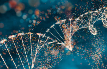 Stylized, glowing DNA double helix made of light particles on a blurred teal background.