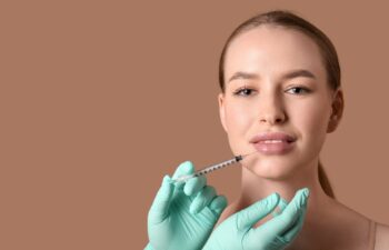 beautiful young woman receiving filler injection in lips